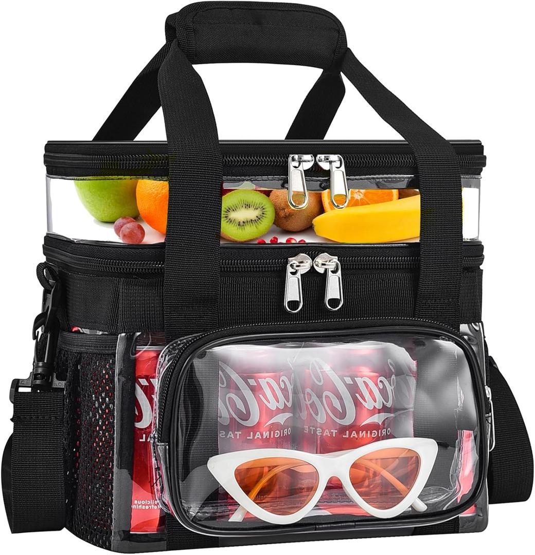 Double -Deck Clear Lunch Bag for Work with Adjustable Shoulder Strap and Top Compartment for Work, Picnic, Beach, School