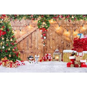 SJOLOON Rustic Christmas Barn Wood Door Backdrop for Photography Xmas Tree Snow Gift Wall Floor Party Photo Background Winter Holiday Family Supplies Banner Studio Props 12391 (15x10FT)