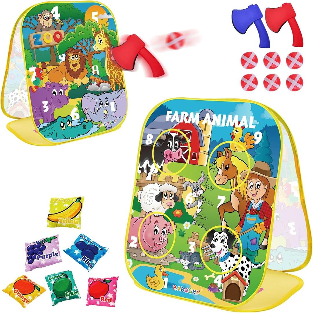 3-in-1 Farm Animals Bean Bags Toss Axes Throwing Sticky Balls Game for Kids 2 3 4 5 Years Old Toddlers Indoor Outdoor Sports Toys Gifts for Boys Birthday Valentines Easter Christmas Stocking Stuffer (Farm&Zoo)