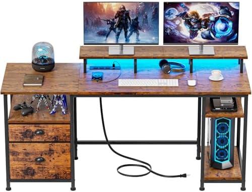 Furologee 61" Computer Desk with Power Outlet and LED Lights, Desk with Fabric File Cabinet Drawer, Large Reversible Table with Shelves and Monitor Stand, Writing Study Table for Home Office