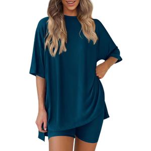 PrettyGarden Women 2 Piece Lounge Set 2026 Summer Casual Oversized Shirts Biker Shorts Matching Airport Travel Outfit Clothes, M