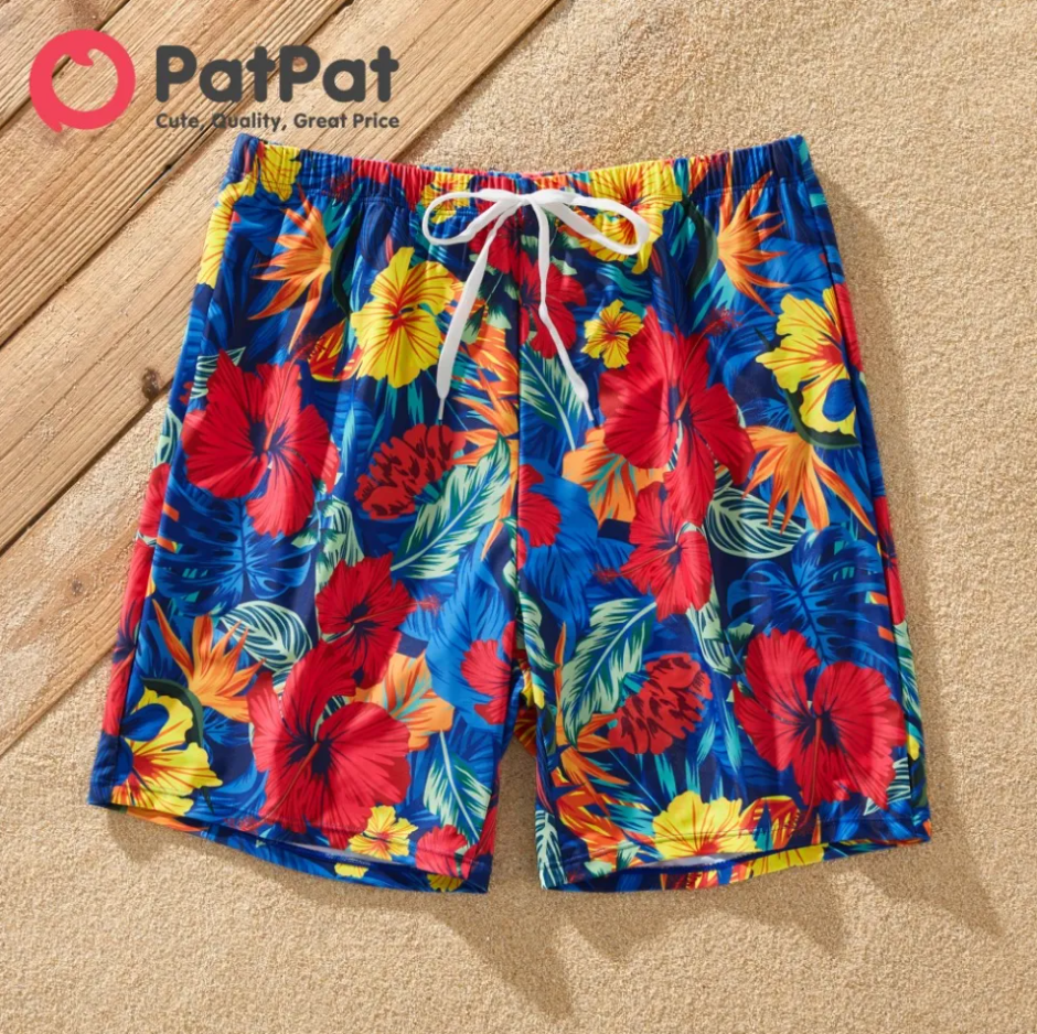 PatPat Solid Scallop Trim Allover Floral Print Swim Trunks Shorts (M)