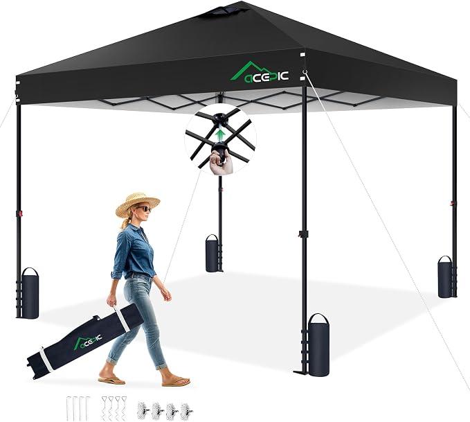 Acepic 10x10 Pop Up Canopy Tent, One Push Instant Outdoor Gazebo with Vented Top, Upgraded 300D Silver Coated Sun Shade for Parties Camping Vendor, Includes Wheeled Bag and 4 Sandbags, Black