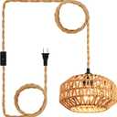 Plug in Pendant Light Rattan Hanging Lamp with Switch,Mini Rattan Boho Semi Flush Mount Ceiling Light,Hand Woven Hallway Light Fixtures for Bedroom Entryway Kitchen