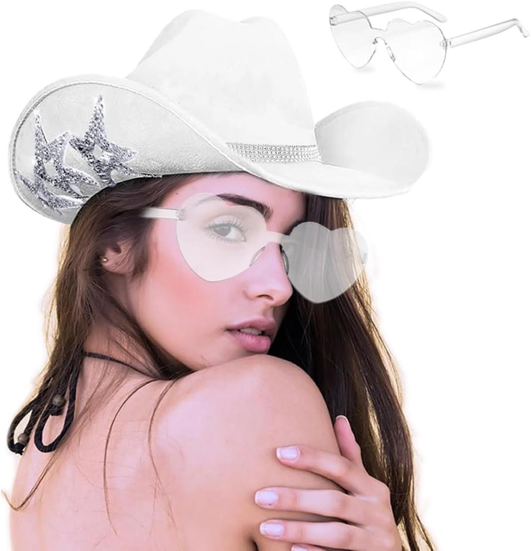 Cowboy Hats with 6 Sequins Stars & Tiara Belt for Women Rodeo Party Hats with Heart Shaped Sunglasses (White)