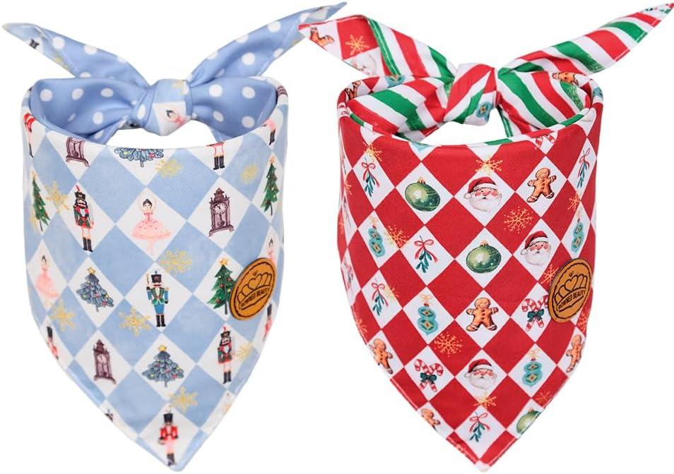 CROWNED BEAUTY Christmas Dog Bandanas Reversible Small Pack of 2, Nutcracker Cheer Set, Adjustable Triangle Holiday Blue Red Scarves for Dogs Cats Boy Girl Pets DB141-S