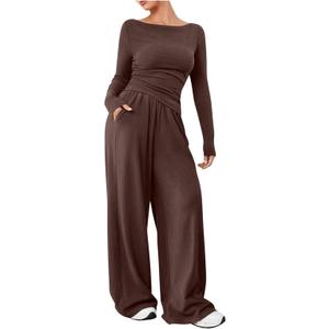 2 Piece Sets for Women Dressy Fall Outfits Sweatsuits Casual Pullover Top and Wide Leg Sweatpant Lounge Set Pocket, S, Coffee