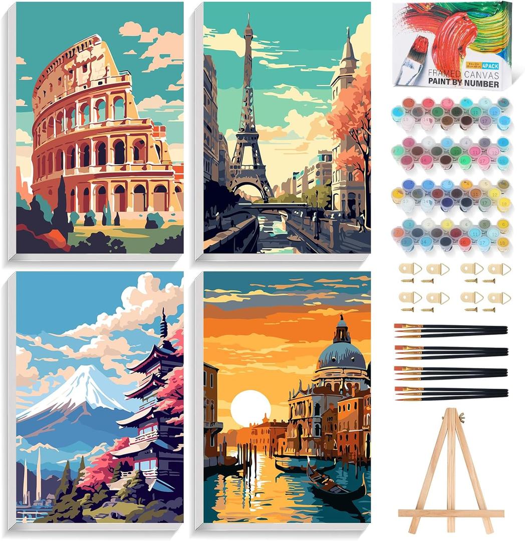 Offito 4 Pack Framed Paint by Numbers Kit for Adults Beginners with Wooden Easel, Landscape Easy Paint by Number Kit with Frame, Watercolor Adult Paint by Number Framed Canvas (8 * 12 Inch)