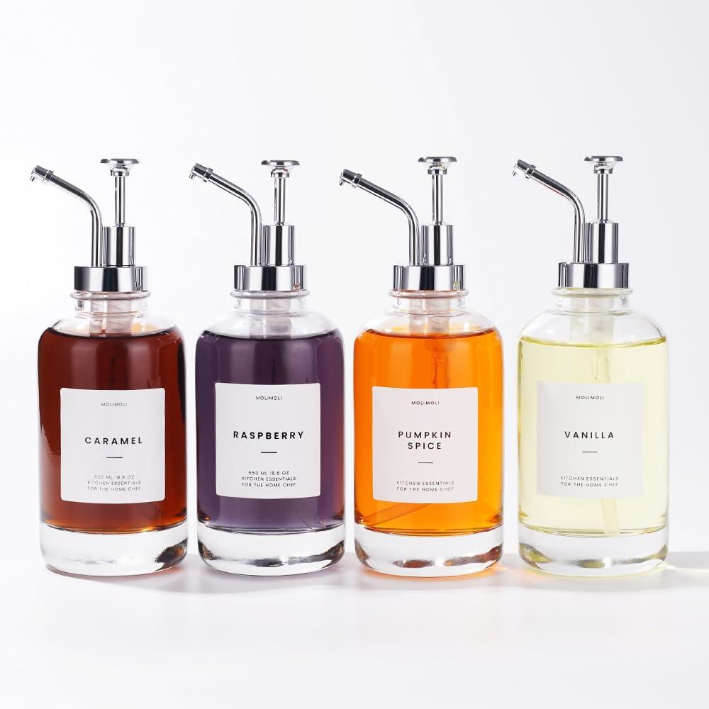 MoliMoli Coffee Syrup Dispenser for Coffee Bar, Coffee Pump Dispenser, Glass Syrup Bottle w. Pump, Maple/Coffee Syrup Bottles, Syrup Dispenser Set of 4, w. Labels, Siver (Silver) 500ml