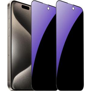 2 Pack Anti-Blue Privacy Tempered Glass for iPhone 15 Pro Max Anti-Spy Screen Protector Anti-Peeping Film Anti-scratch 6.7 inch Blue
