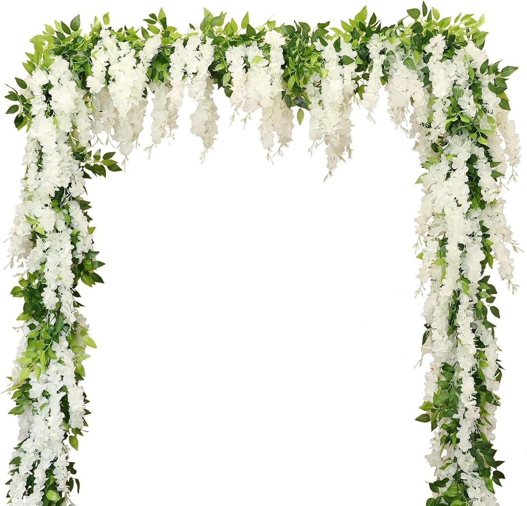 Wisteria Artificial Flowers Garland, 2Pcs 7.2Ft/Piece Silk Fake Wisteria Vine Kit, Hanging Flower for House Outdoor Garden Ceremony Outside Wedding Arch Floral Decor (2, White)