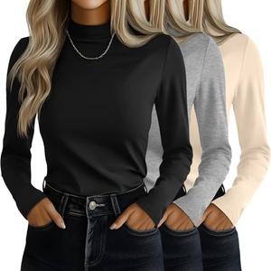 Ficerd 2 Pack Women's Mock Turtleneck Shirts, Long Sleeve Mock Neck Pullover Tops Slim Fitted Stretch Undershirt Tee Blouse (Black, Apricot, Large)