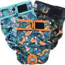 Washable Dog Diapers (3 Pack), Reusable Dog Diapers for Doggie Heat Period, Reusable Doggie Diaper for Female Dogs (Giraffe, Tucan, Fox, Medium)