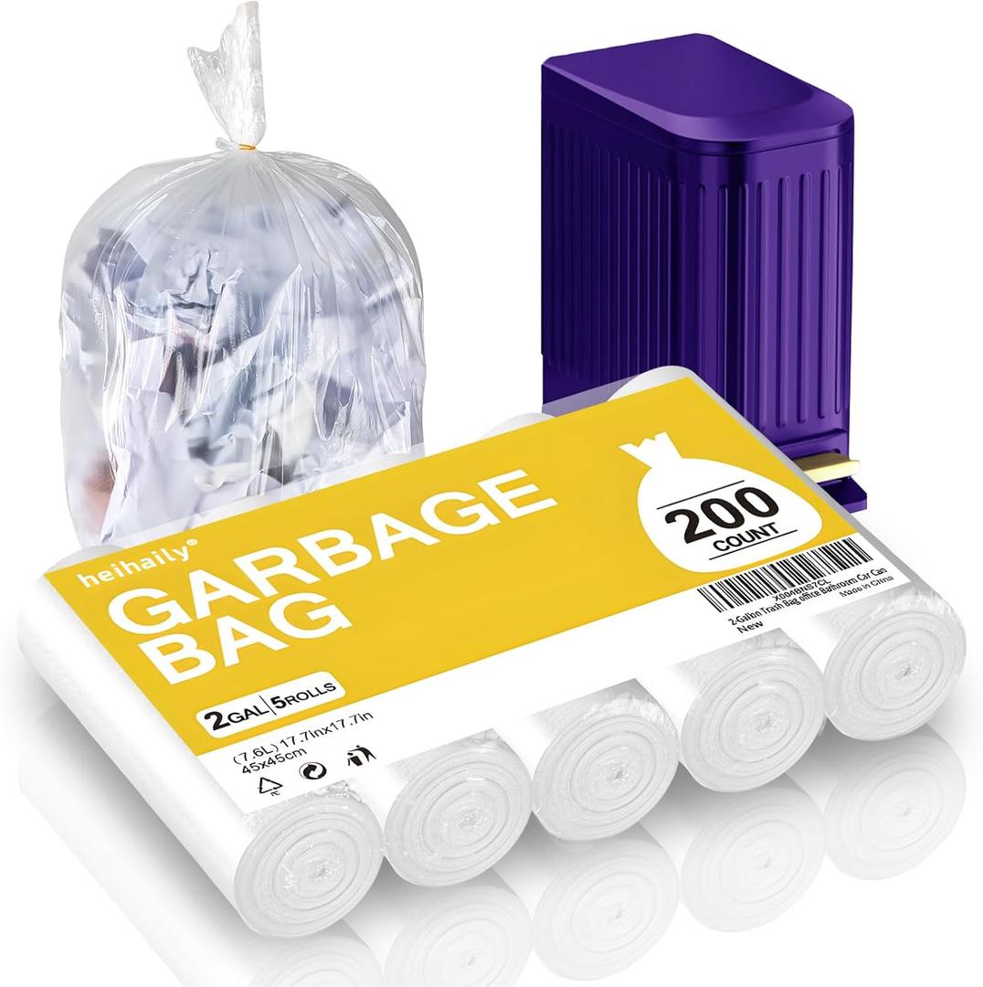2-Gallon Bag Extra-Small Garbage-Bags - Heihaily Unscented Strong Thick Mini Clear White Bulk 200 Counts Recycling Plastic Liners for Kitchen Office Bathroom Car Can