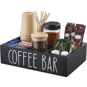 ALELION Coffee Station Organizer - Wood Countertop Accessories Organizer with Removable Dividers for Pods Condiment Syrup Tea Cups Stirrers - for Farmhouse Coffee Bar Decor (Black)
