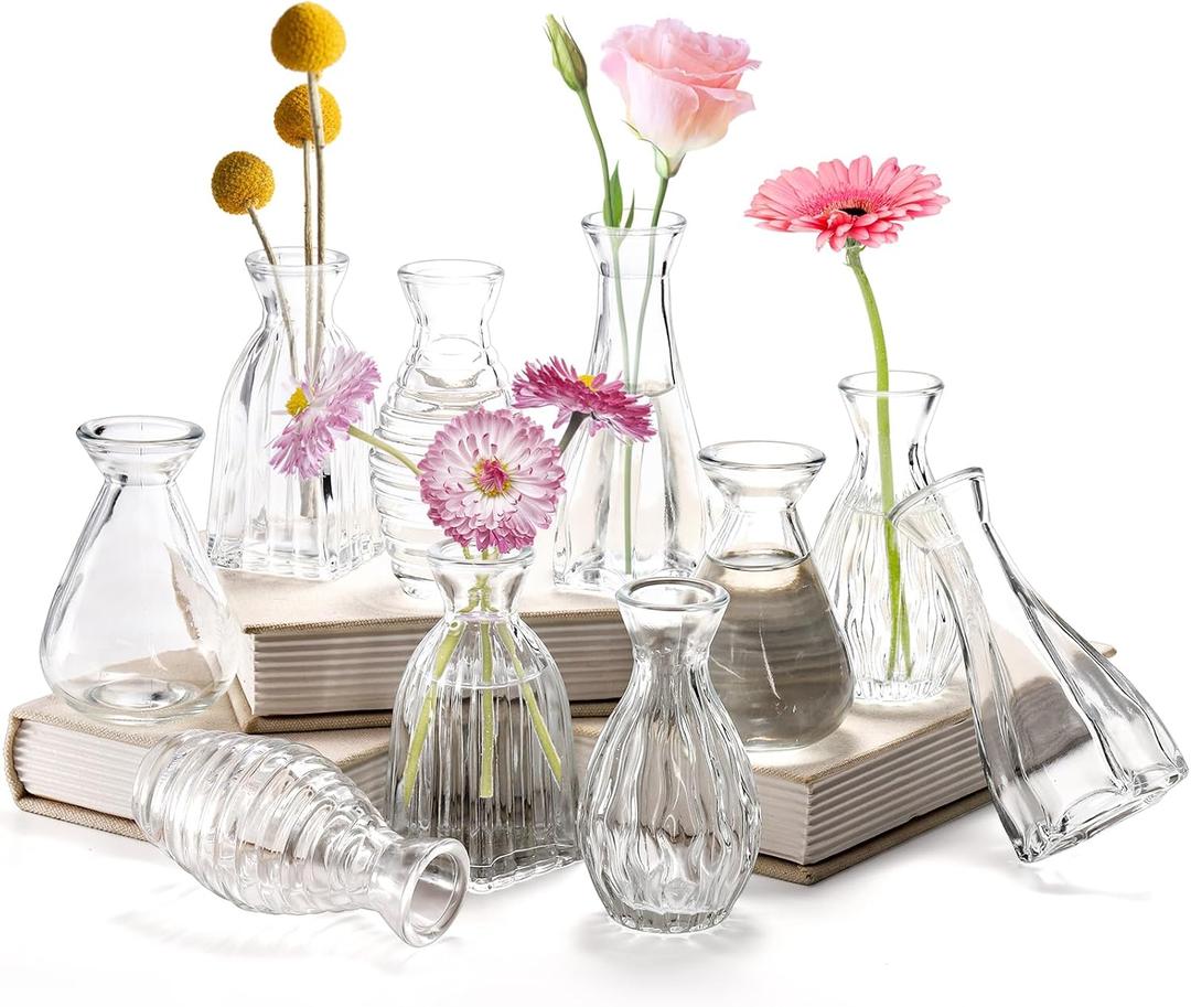 SOUJOY 10 Pack Small Glass Bud Vase, Mini Flower Vase for Centerpieces, Clear Vintage Floral Bud Vases for Home Decor, Weddings, Floral Arrangements, Events, Parties