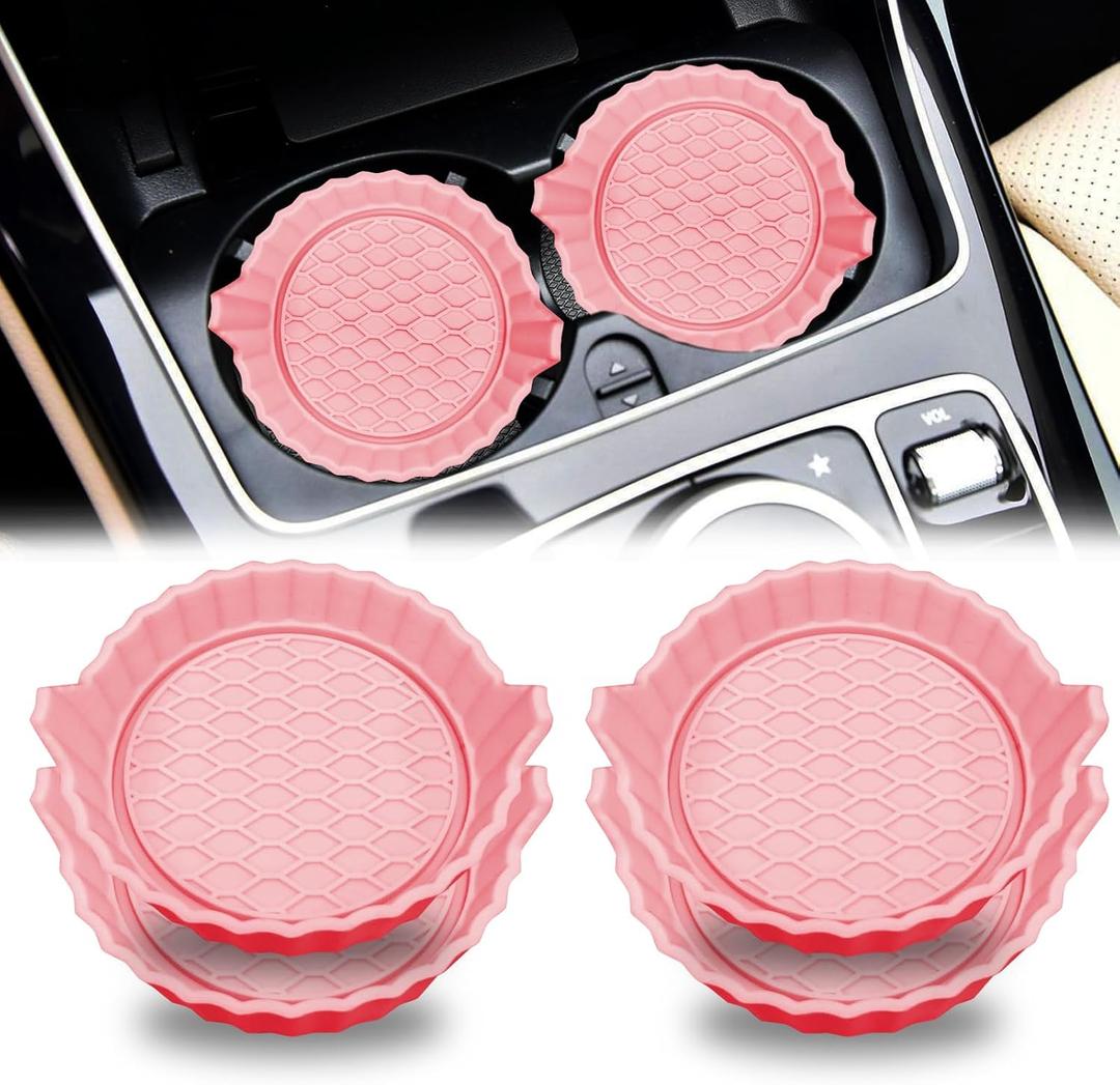 Car Cup Holder Coaster,Non-Slip Car Cup Holder Coasters,Universal Car Cup Holder Insert,Car Interior Accessories Mat(Pink diamonless, 4 Pack)