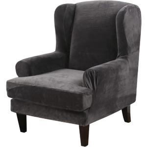 MIFXIN Wingback Chair Slipcover 2-Piece Velvet Stretch Wing Chair Slipcovers with Cushion Cover Washable Armchair Furniture Protector for Living Room Bedroom (Dark Grey)
