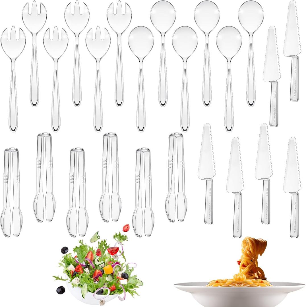 24 Pcs Disposable Plastic Serving Utensils Set 6 Each 9.7" Serving Spoons Forks 9.5" Knife and 6.3" Tongs for Wedding Graduation Party Birthday Catering Buffet Supplies(Clear)