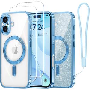 Meifigno Candy Series Case Designed for iPhone 16 Plus 6.7, [2X Screen Protectors] [Glitter Card & Wrist Strap] [MagSafe Compatible] Full Camera Protection for 16 Plus Case, Sky Blue