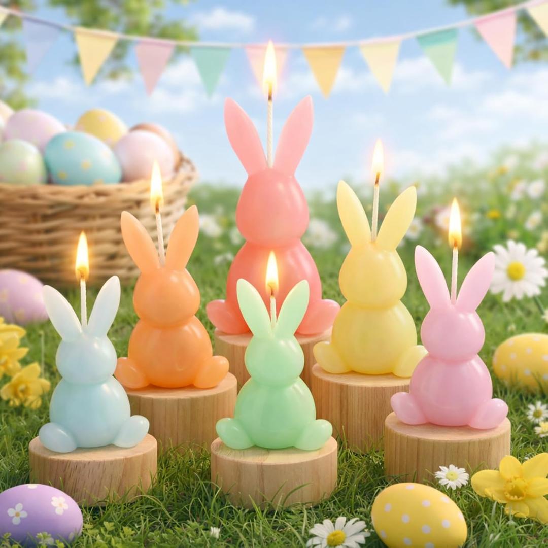 Lounsweer 6 Pcs Large Easter Bunny Candles Gift Set 3 Size Rabbit Shaped Unscented Votive Tea Lights Candles for Easter Spring Party Supplies Home Table Centerpieces Decor
