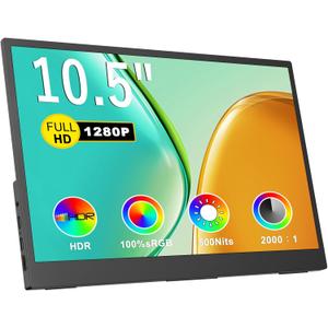 IBW Small Portable Monitor 10.5" 500 Nits 2000:1 FHD 1280P IPS Screen, Ultra-Slim Mini Monitor w/Kickstand & Dual Speaker, USB C HDMI HDR Portable Gaming Monitor, Travel Monitors for Laptop PCs