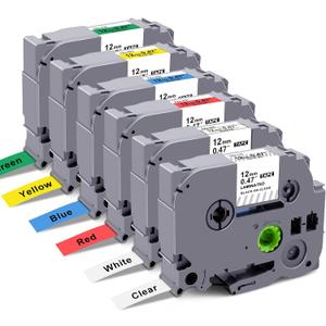 6 Pack Replacement for Brother P Touch Label Maker Tape TZe Tz Tape 12mm 0.47 Laminated White/Clear/Red/Yellow/Blue/Green Compatible with Brother P-Touch Label Maker PT-D210 PT-H110 PT-D220