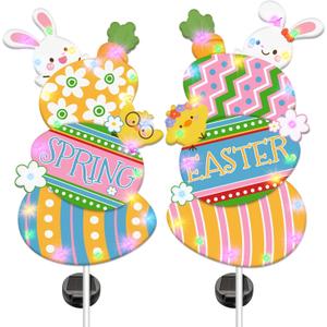 Hexagram Easter Decorations Outdoor, 2 Pcs Metal Yard Signs, Easter Yard Decorations, Decorative Bunny Eggs Garden Solar Stakes, Outside Decor for Lawn Porch Spring