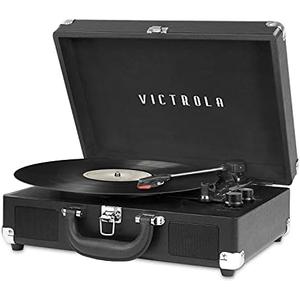 Victrola Journey Bluetooth Portable Suitcase Record Player – with Built-in Speakers, 3 Speed Vinyl Record Player, RCA Out, Headphone Jack (Black)
