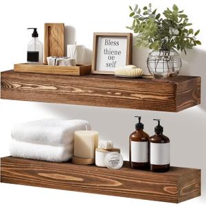 17x3x7 inch Floating Shelves Wall Mounted - Set of 2 Brown Rustic Solid Wood Wall Shelf - Heavy Duty Decorative Fireplace Mantel for Living Room, Bedroom, Bathroom, Kitchen