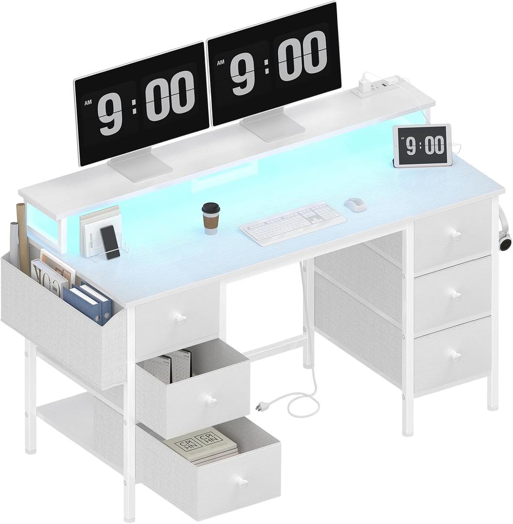 Lufeiya White Gaming Desk with Drawers & Storage Shelves, 47 inch Home Office Desk with Monitor Stand, Computer Desk with LED Lights and Power Outlets, White