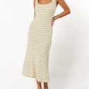Womens Striped Bodycon Long Dress 2025 Summer Sleeveless Square Neck Ribbed Knit Tank Dress (XL)