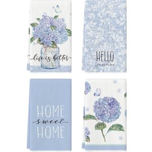 4 Pcs Blue Spring Hydrangeas Kitchen Towels, 27.5x20 Inch Watercolor Floral Decorative Kitchen Hand Towels, Summer Farmhouse Absorbent Dishcloth Fast Drying for Cooking (Hydrangeas)