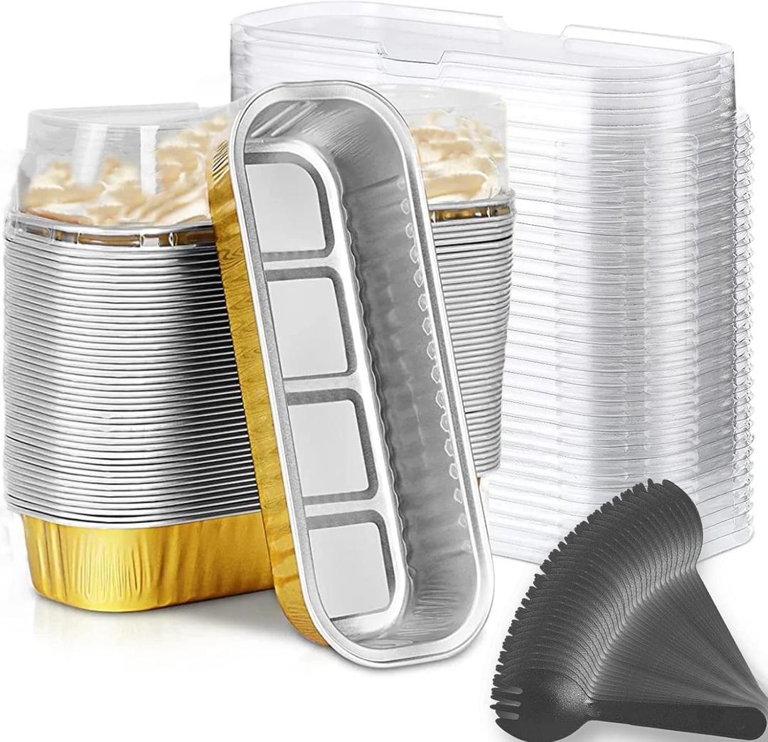 Mini Loaf Baking Pans with Lids and Spoons (50 Pack, 6.8oz) Rectangle Aluminum Foil Baking Pans Tins Containers - Cupcake Containers Wrappers Cheesecake Creme Brulee Ramekins (Gold)