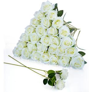 30pcs Fake Roses Artificial Silk Flowers Long Stems Bouquet for Wedding Bridal Shower Party Home Decoration (White)