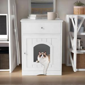 NicBex Cat Litter Box Enclosure with Drawer and Single Door Hidden Litter Box Furniture Pet Crate Covered Nightstand,Night Stand Cat House Indoor,White,18.9'' W