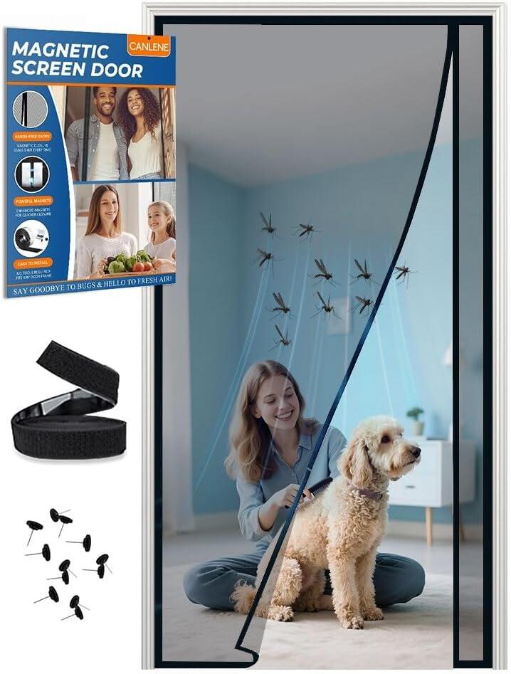Magnetic Screen Door Left Right Side Opening Polyethylene Terephthalate Mesh Greater Than Fiberglass and Polyester Easy Install (Screen 32"x82", Black)