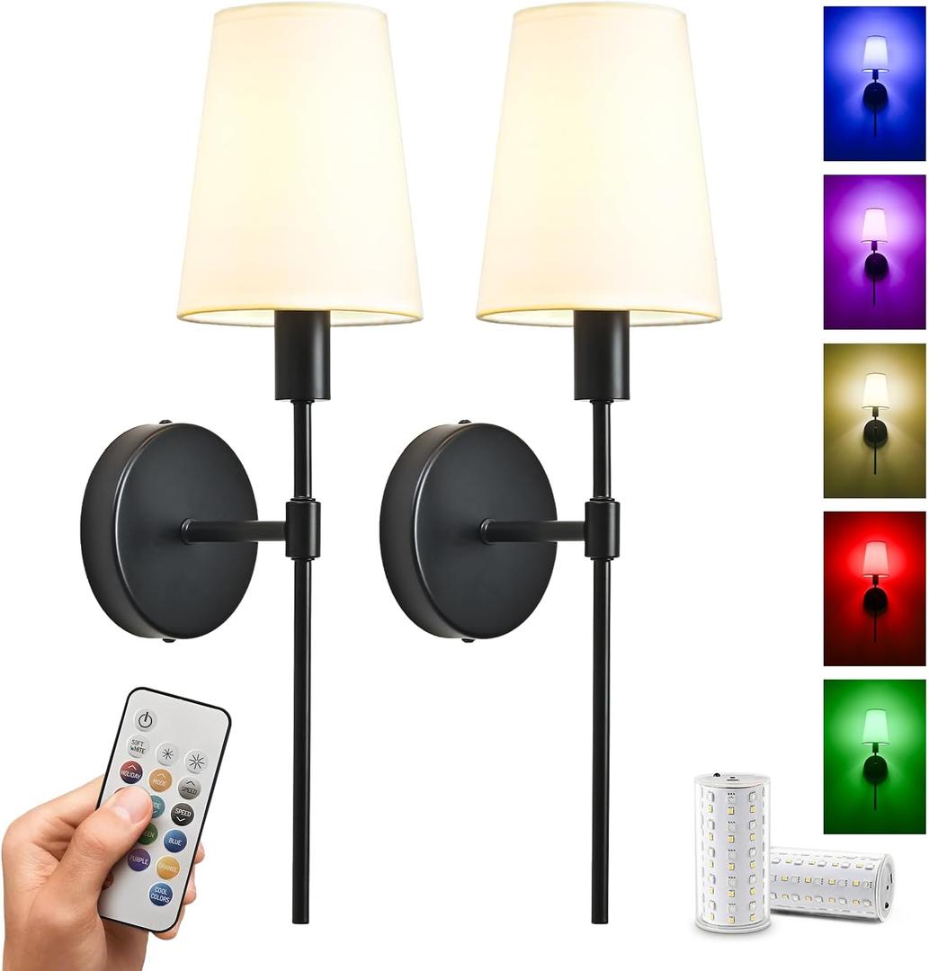 Battery Operated Wall Sconce Set of 2, Rechargeable Wall Lights with 2 * 52000mAh Magnetic Battery Bulbs, 18 RGB Colors, Dimmable Wireless Sconces for Bedroom Living Room Hallway (Black)