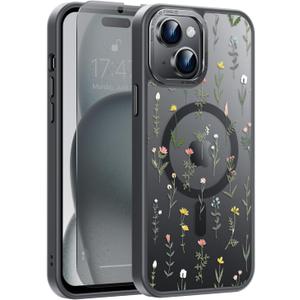Goodon for iPhone 15 Plus Case with Privacy Screen Protector, Compatible with Magsafe, Shockproof Translucent Matte Cover - Cute Floral Design Phone Case for Women and Girls - Elegant Flower Leaves