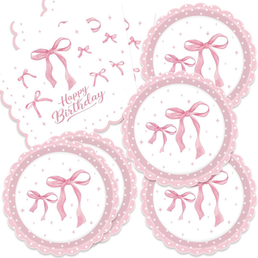 40pcs Pink Bow Party Supplies Coquette Birthday Decorations Pink Bow Birthday Plates and Napkins for Girl Bow Theme Party Baby Shower Bridal Bachelorette Party,Suitable for 20 Guests