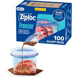 Ziploc Quart Food Storage Freezer Bags, Stand-Up Bottom, Easy to Fill, 100 Count