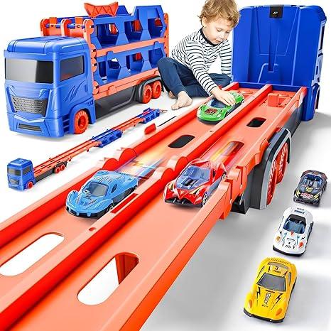 Kiddiworld Race Track Truck Toys for 2-4 Year Old Boys Birthday Gifts: 65 Inch Folded Transport Carrier Trucks for Kids Age 3-5, Racing Cars Toy Easter Gifts for Toddlers
