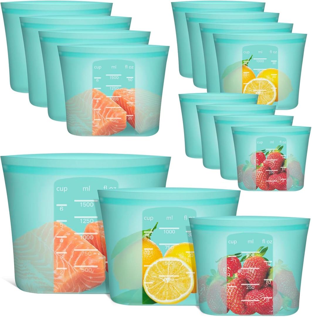 Reusable Food Bags, 12 Pack 100% Silicone Food Storage Bags Stand Up Zip Lock Container, Freezer Microwave Oven Dishwasher Safe, 4 Large 4 Medium 4 Small, Aqua