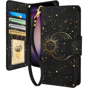 Toycamp for Samsung Galaxy S23 FE Wallet Case with Wrist Strap - Leather Flip Folio Cover with RFID Blocking 4 Card Slots Galaxy S23 FE Cute Aesthetic for Women Lady, Black Sun Moon