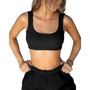 XUNYU Square Neck Tank Top for Women Ribbed Padded Crop Top with Built in Bra U Back Sexy Going Out Tops Basic Casual Summer (Black)