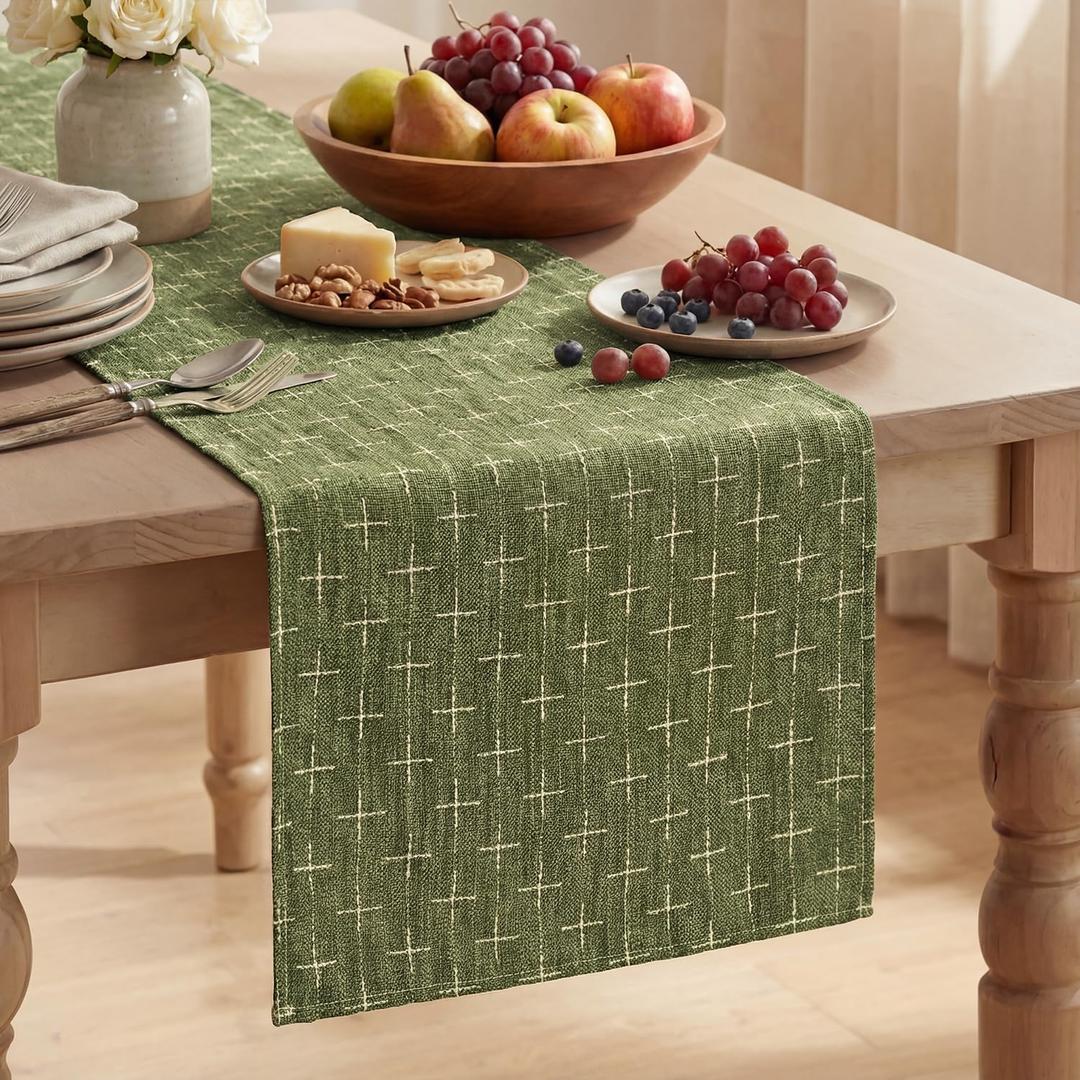 Artoid Mode Olive Green Cross-Star Textured Table Runner, Seasonal Waterproof Rustic Kitchen Dining Table Decoration for Home Party Decor 13x72 Inch