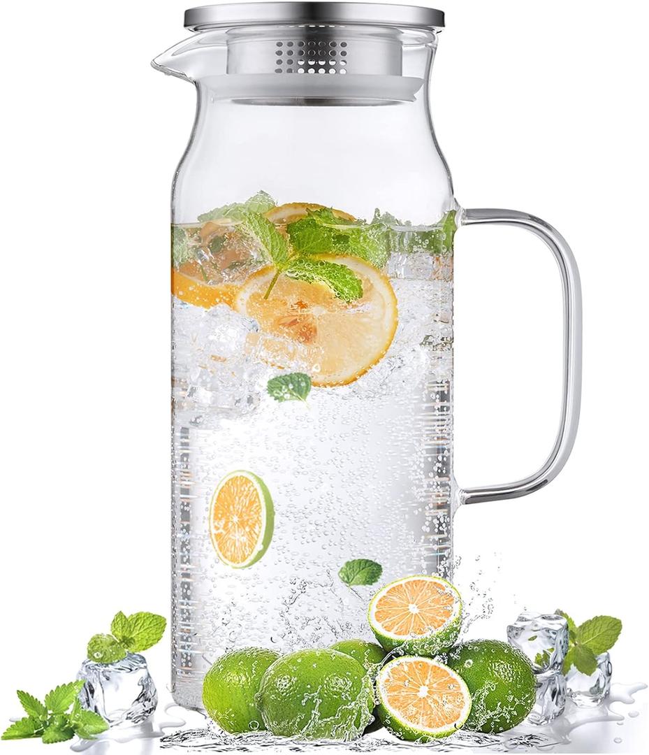 Bivvclaz 2 Liter 68 oz Glass Pitcher with Lid and Handle, Glass Carafe for Hot/Cold Water, Large Iced Tea Pitcher for Coffee, Juice and Homemade Beverage