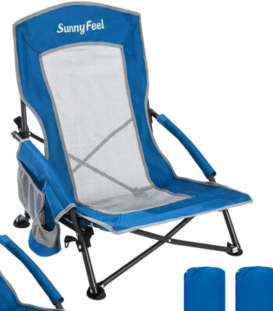 SUNNYFEEL Low Folding Beach Chair for Adults, Portable Lightweight Sling Beach Camping Chairs with Cup Holder, Armrest,Foldable Camp Lawn Chair for Outdoor Sand Concert Travel Sport Events,300LBS