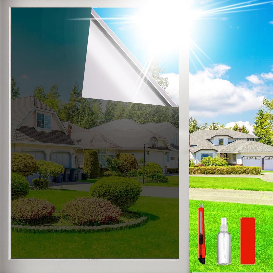 One Way Privacy Window Film Sun Blocking, Heat Blocking Window Tint for Home See Out But Not in, Static Cling & Anti UV, Black-Silver,29.5 Inch x 157.4 Inch