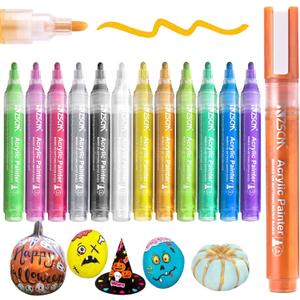 Paint Pens Acrylic Markers, ZSCM 12 Colors Paint Markers for Halloween Pumpkin Painting, Metallic Art Marker, for Adults Card Making, Rocks Painting, Wood Slices, Pumpkin Decoration